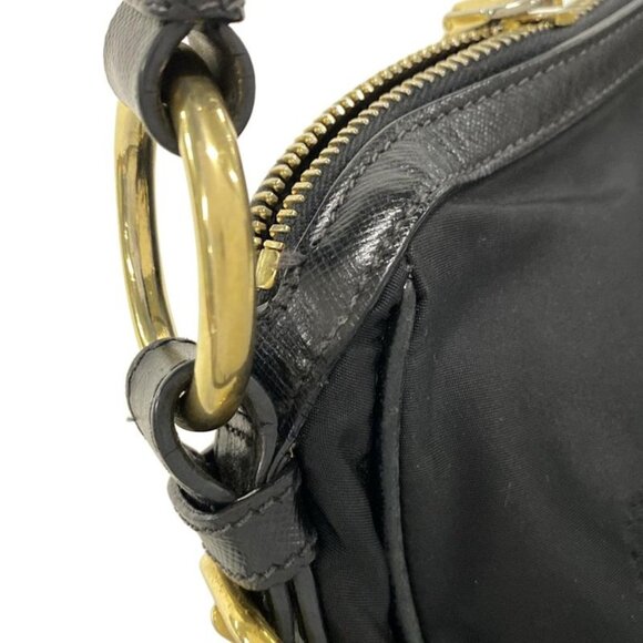Prada Shoulder Bag Logo Jacquard Black Leather Tag - Picture 12 of 15